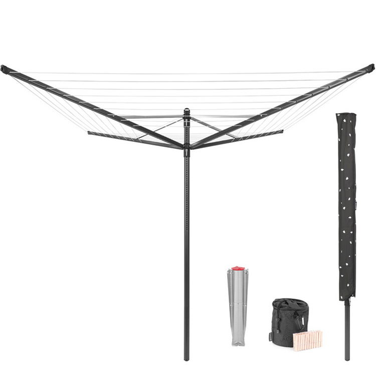 Външен простор Brabantia Lift-O-Matic 50m, метален шиш за вкопаване, калъф, торба с щипки, Anthracite