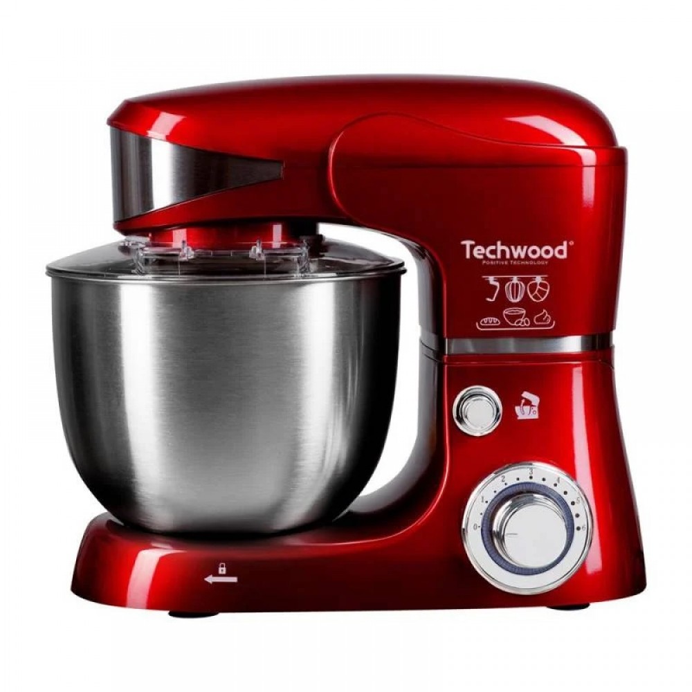 Планетарен миксер Techwood TRO-1055, 1000W, 5 литра, 6 скорости, Пулс, 3 приставки, Червен