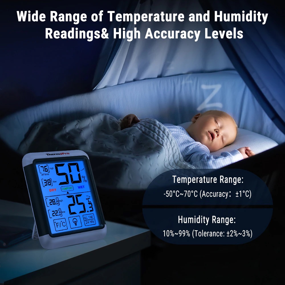 Термохигрометър ThermoPro TP-55 измерва температура /-20°C до 70°C/ и влажност /10% до 99%/, Тъчскрийн