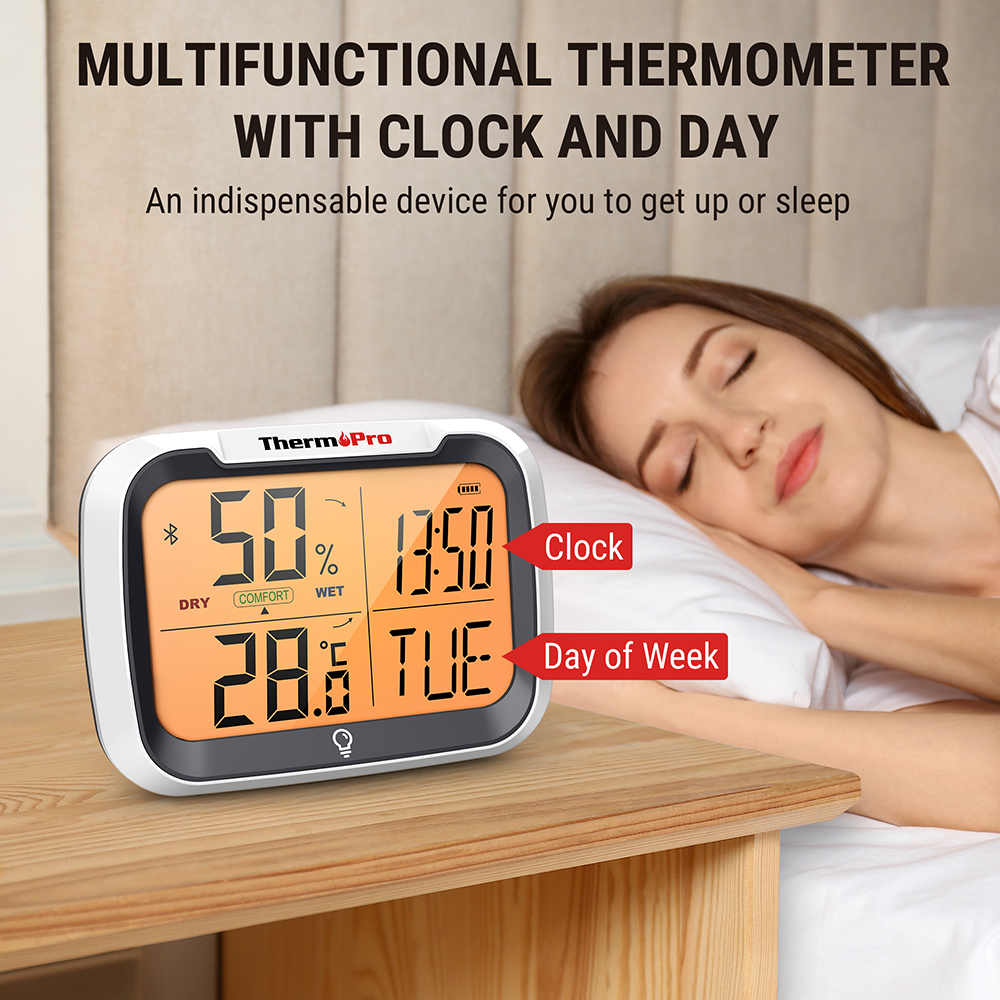 Термохигрометър ThermoPro TP-393, Голям лед дисплей, Подсветка, Блуту, Часовник, Температура, Влажност