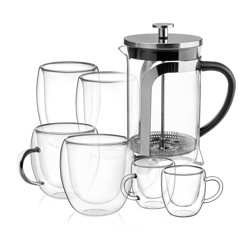 Промо-комплект френска преса и 6 чаши за кафе и чай Luigi Ferrero серия Coffeina