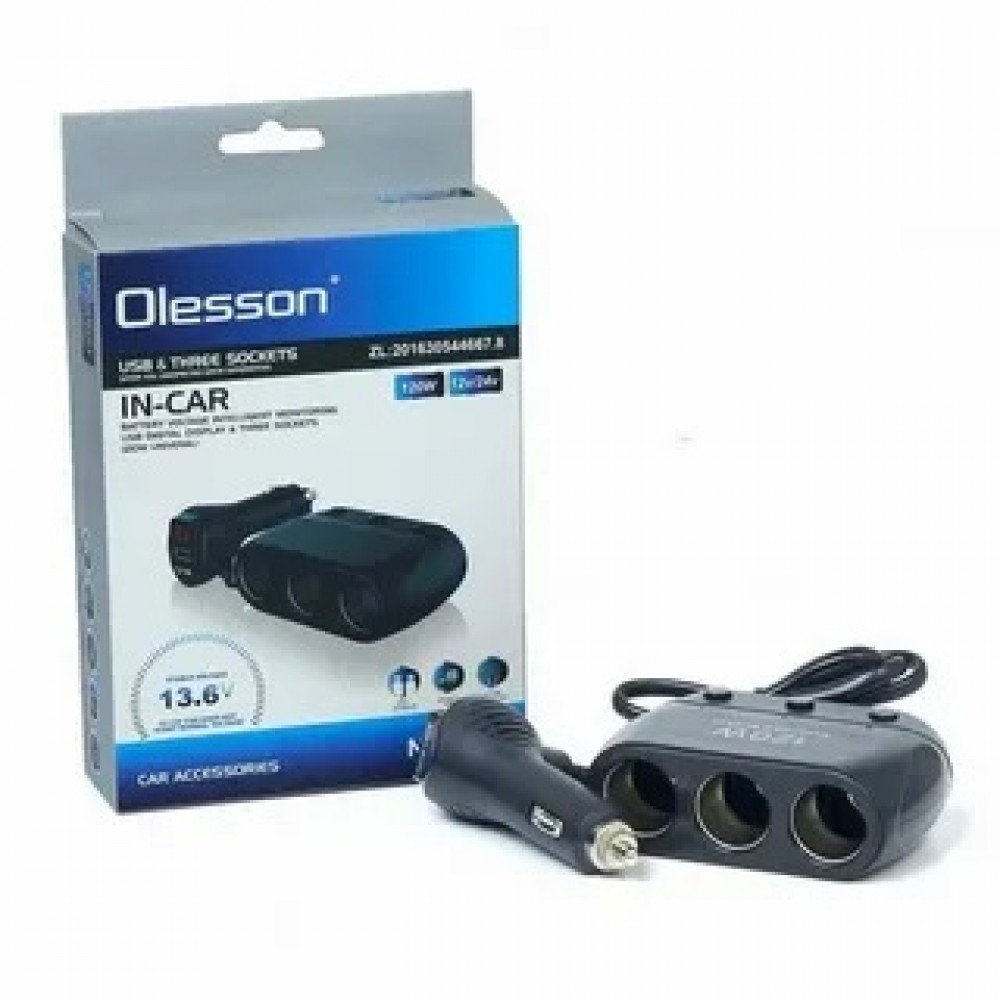 Разклонител за запалка Olesson 1680, 3 гнезда, 4 USB, Волтметър
