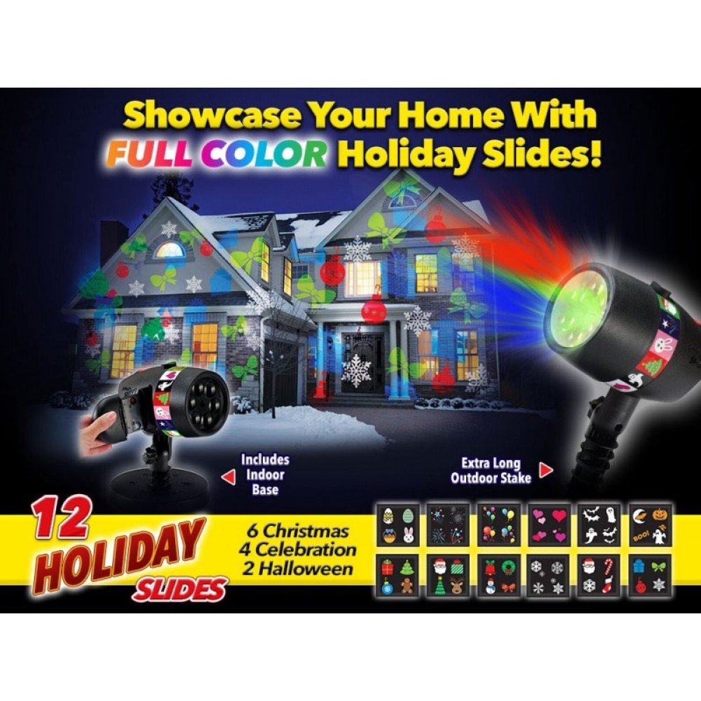 Лазерен проектор Slide Show Laser Light, Статичен и подвижен, 3D холографски ефект, Външен и вътрешен монтаж, 12 различни слайда