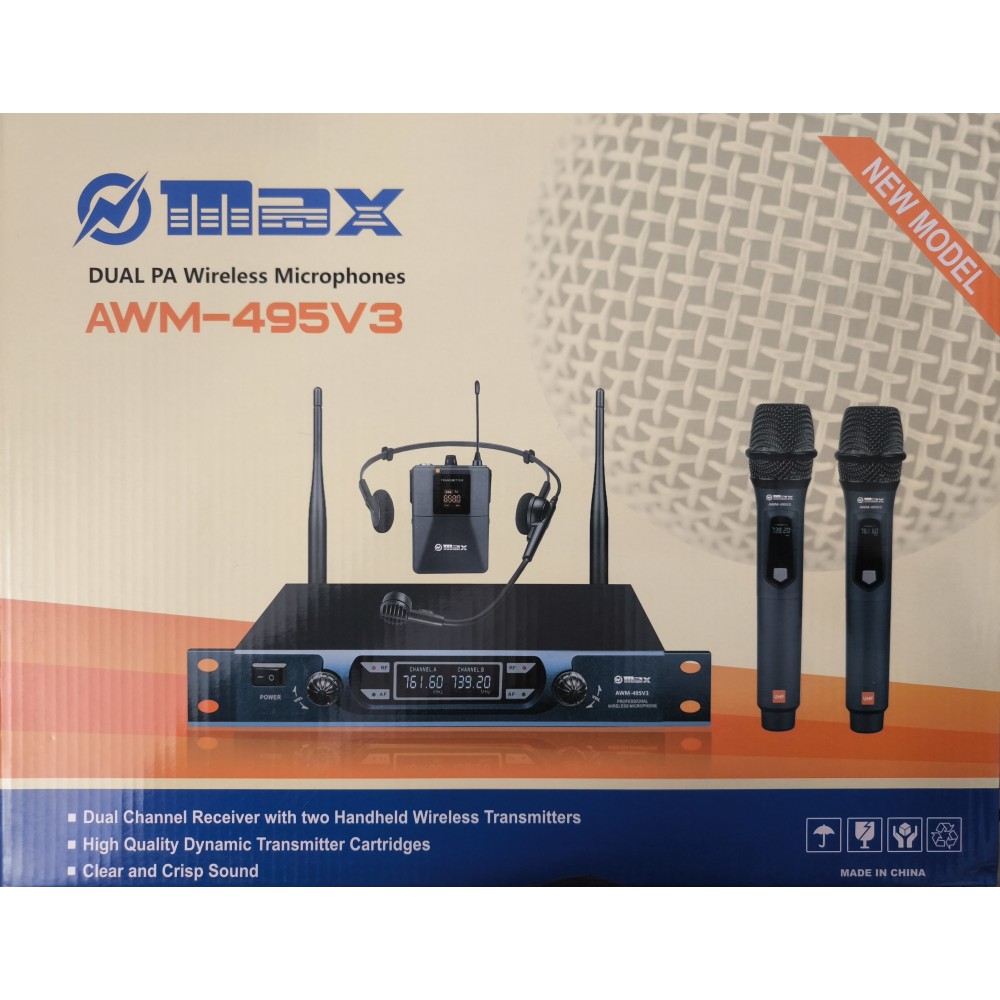 Комплект безжични микрофони Max AWM-495V3, 3 броя безжични микрофони с приемник
