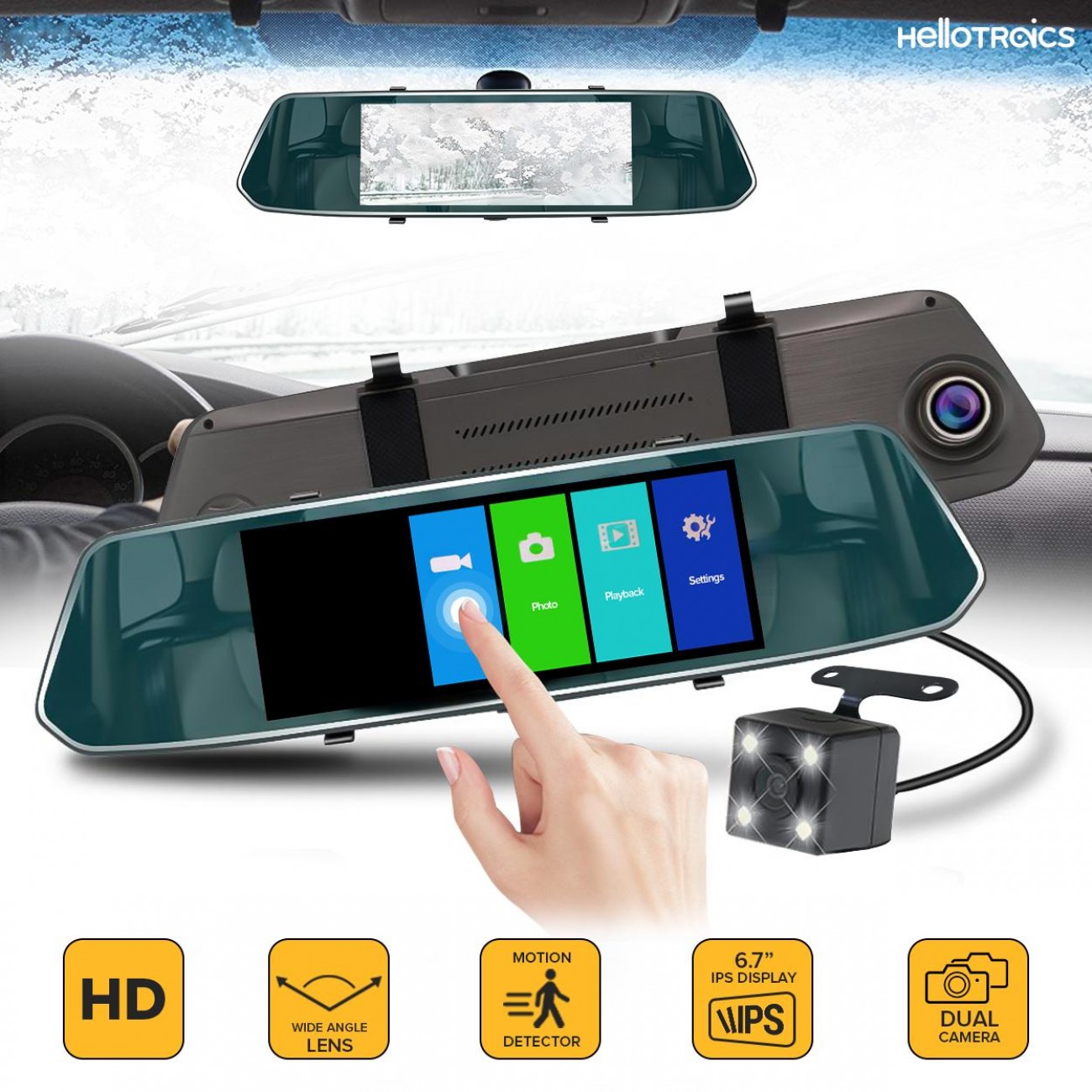 Огледало за кола с вграден видеорегистратор, 6,3", Full HD, Тъч контрол, Камера задно виждане