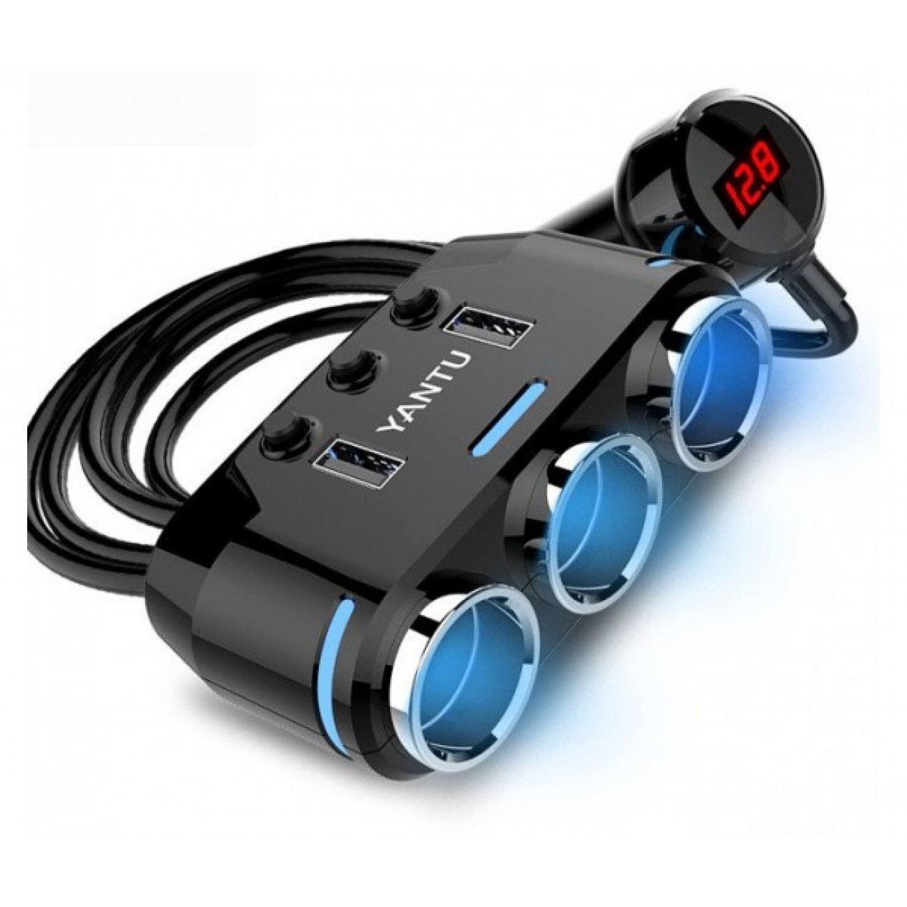 Разклонител за запалка Yantu B39, 3 гнезда, 2 USB, Волтметър, Бутони за изключване