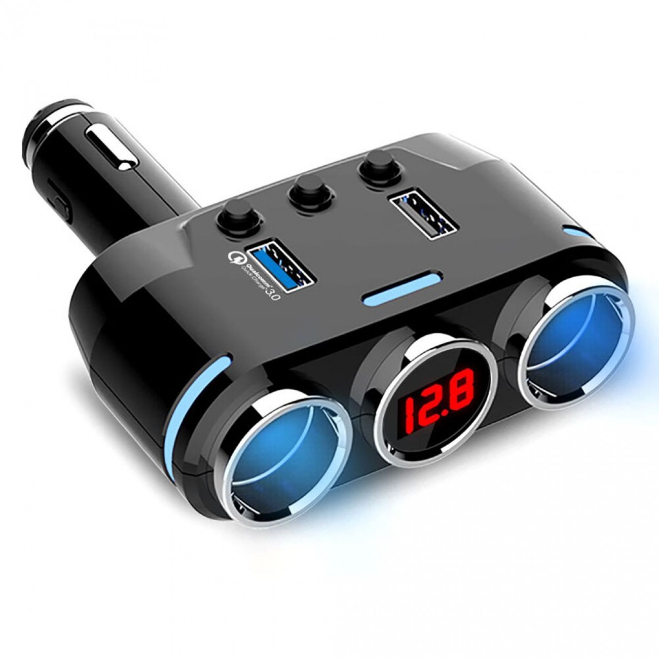 Разклонител за запалка Yantu B40, 2 гнезда, 2 USB, Волтметър, Бутони за изключване