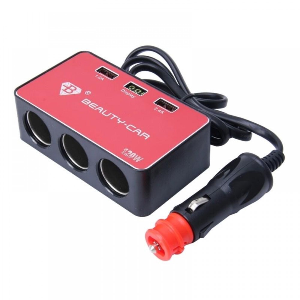 Разклонител за запалка BEAUTY CAR В-085, Волтметър, 3 гнезда, 2 USB, 12-24V