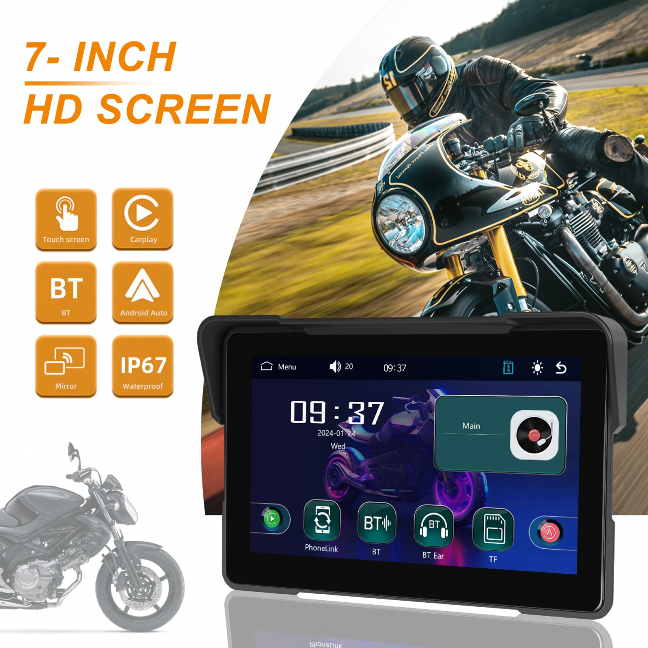 Мултимедийна навигация за мотор Vivas М7 Moto, 7инча, HD тъч дисплей, Безжична Apple Carplay и Android Auto, Bluetooth